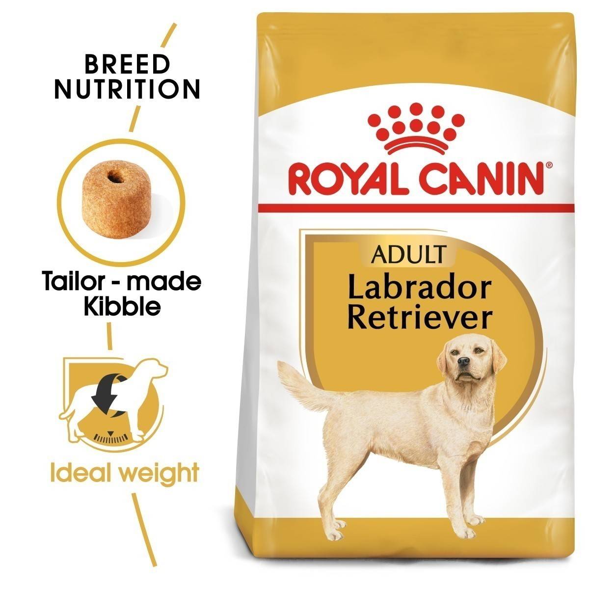 Royal Canin Labrador Retriever dog food package with branding and product features.