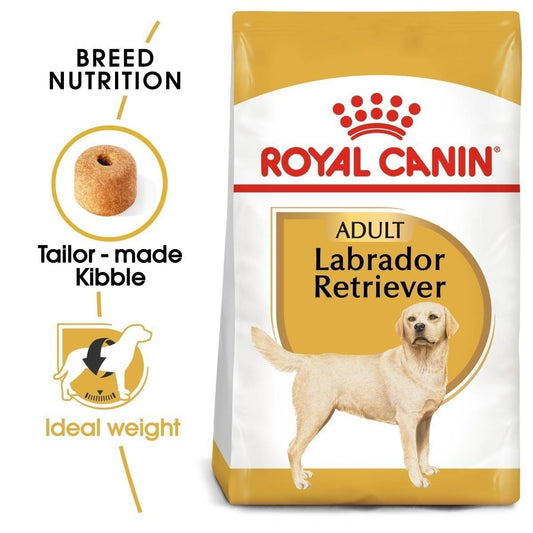 Royal Canin Labrador Retriever dog food package with branding and product features.