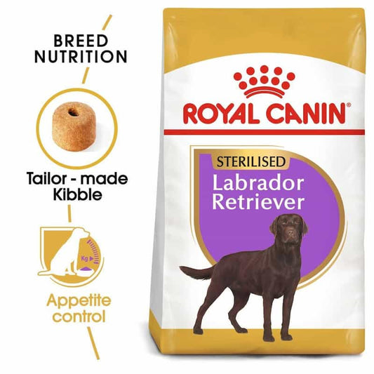 Royal Canin Labrador Retriever dog food package with text highlighting features.