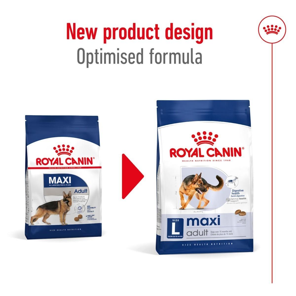 Two packages of Royal Canin Maxi Adult dog food with a red arrow between them on a white background.