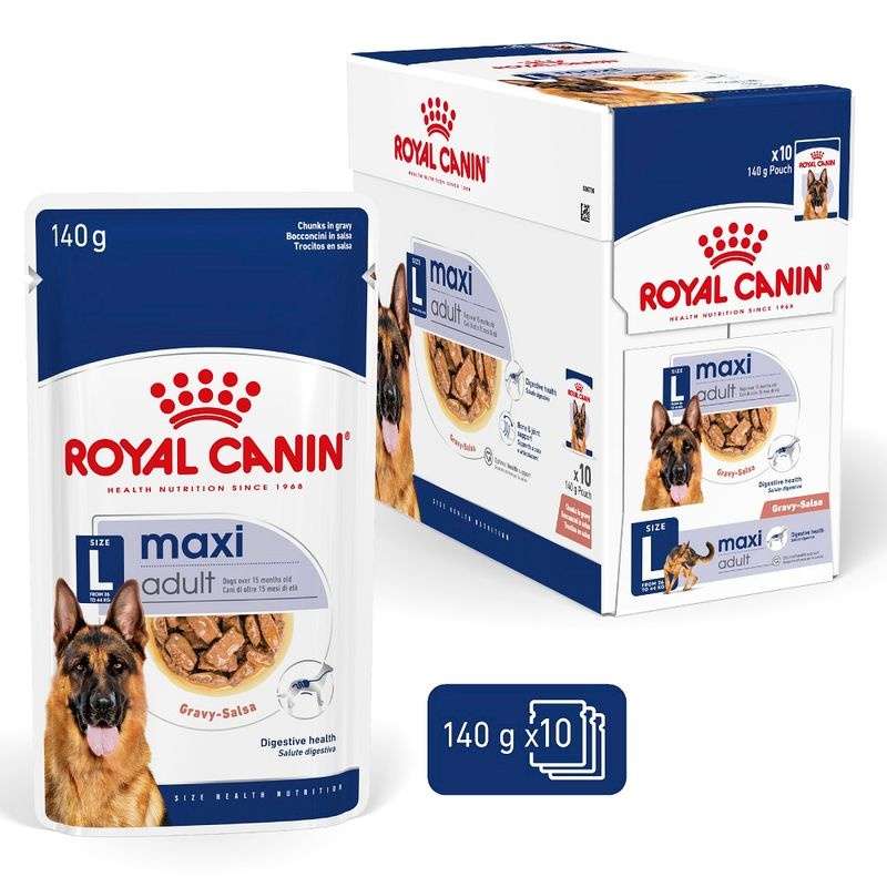 Royal Canin maxi adult dog food packaging on a white background