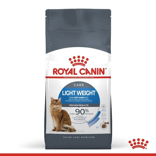 Royal Canin Light Weight Care cat food package on a white background
