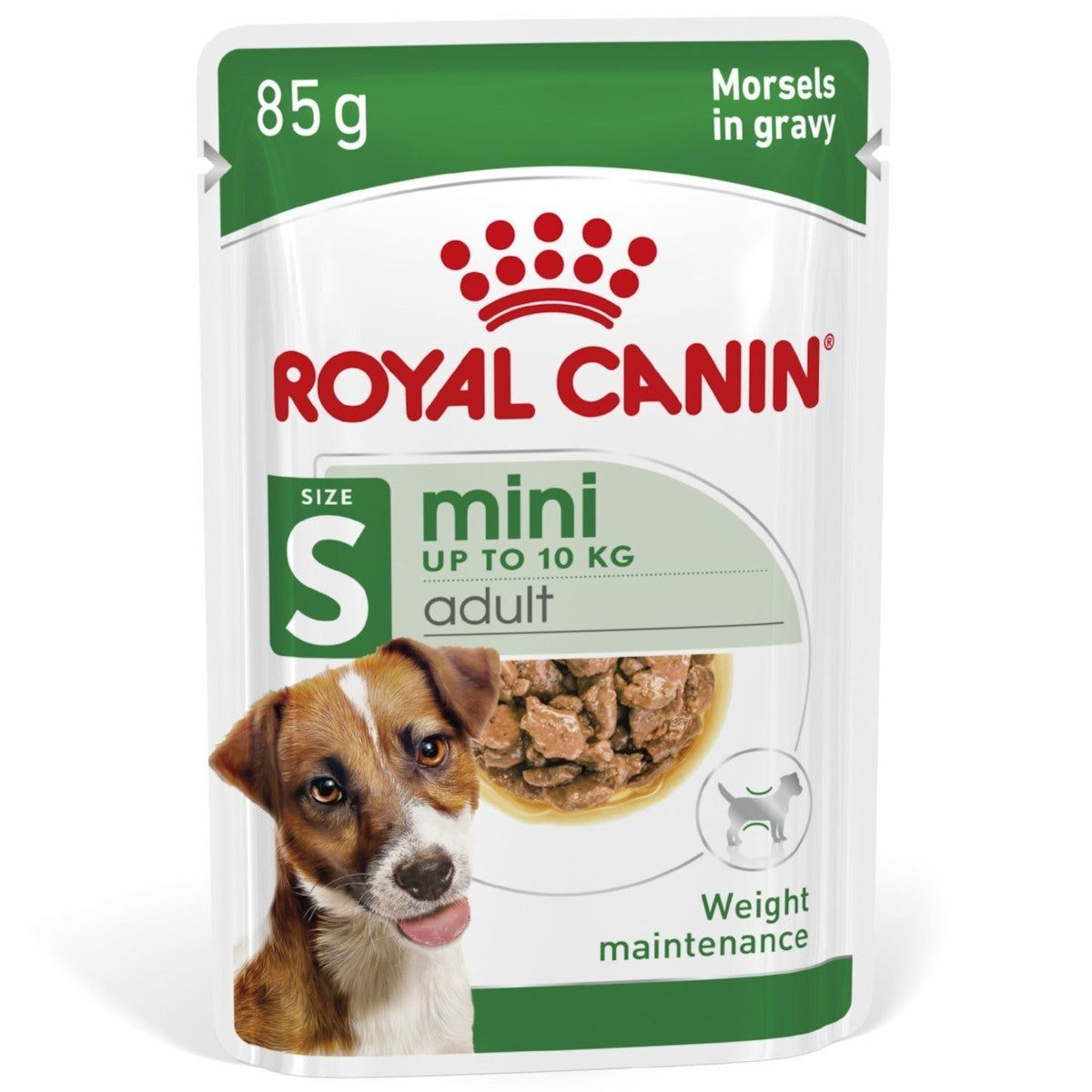 Royal Canin mini adult dog food pouch on a white background