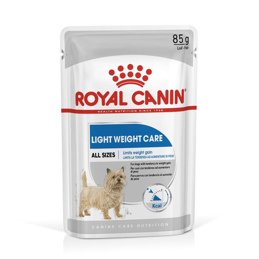 Royal Canin Light Weight Care dog food pouch on a white background