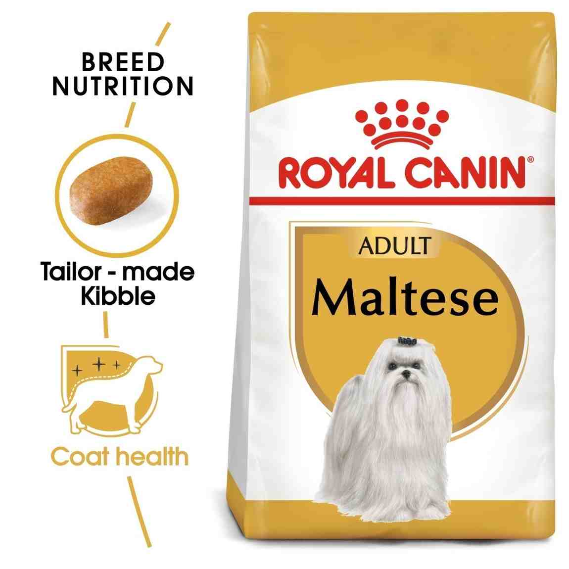 Royal Canin Adult Maltese dog food packaging with text and images of a Maltese dog.