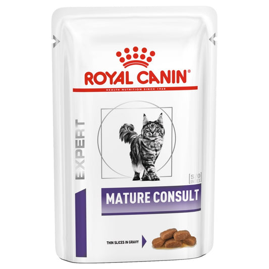 Royal Canin Mature Consult cat food pouch on a white background