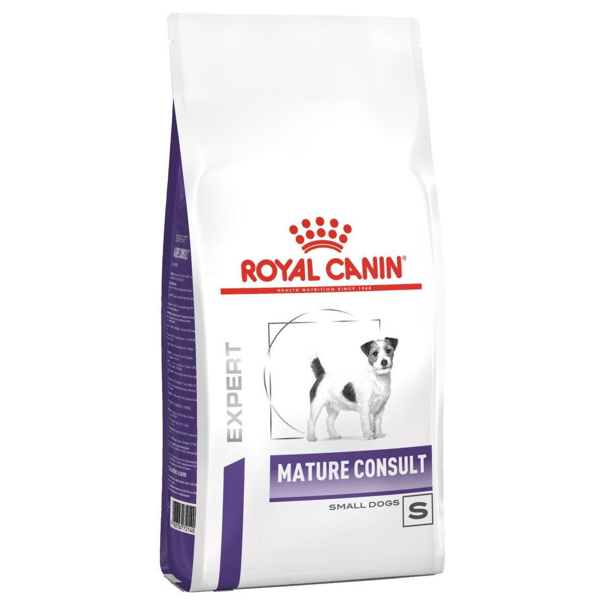Royal Canin dog food package for mature consult small dogs on a white background