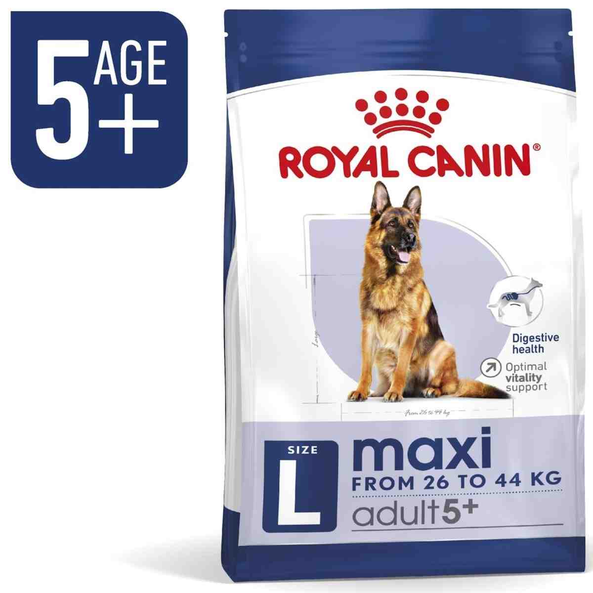 Royal Canin dog food package for adult dogs aged 5 and above, size L.