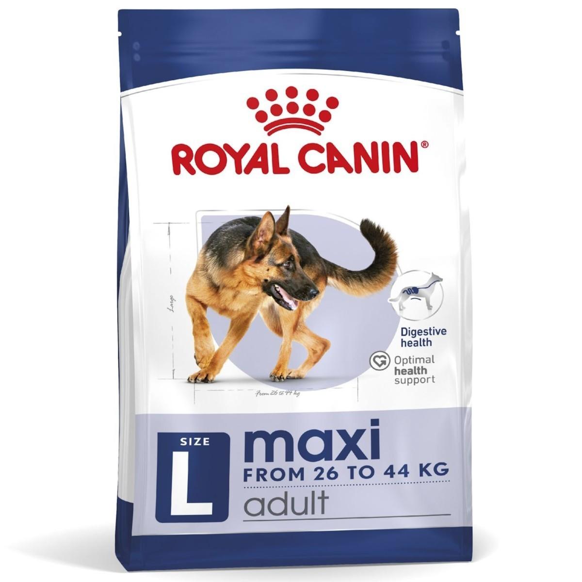 Royal Canin Maxi adult dog food packaging on a white background
