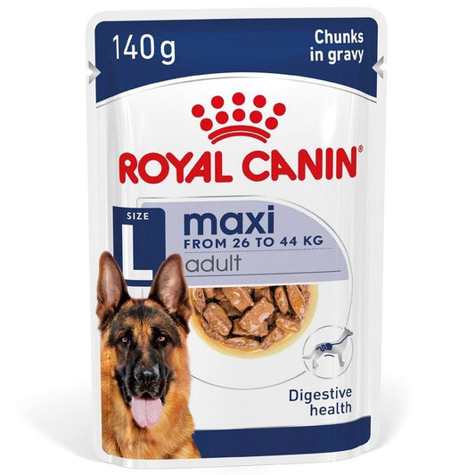 Royal Canin maxi adult dog food pouch on a white background