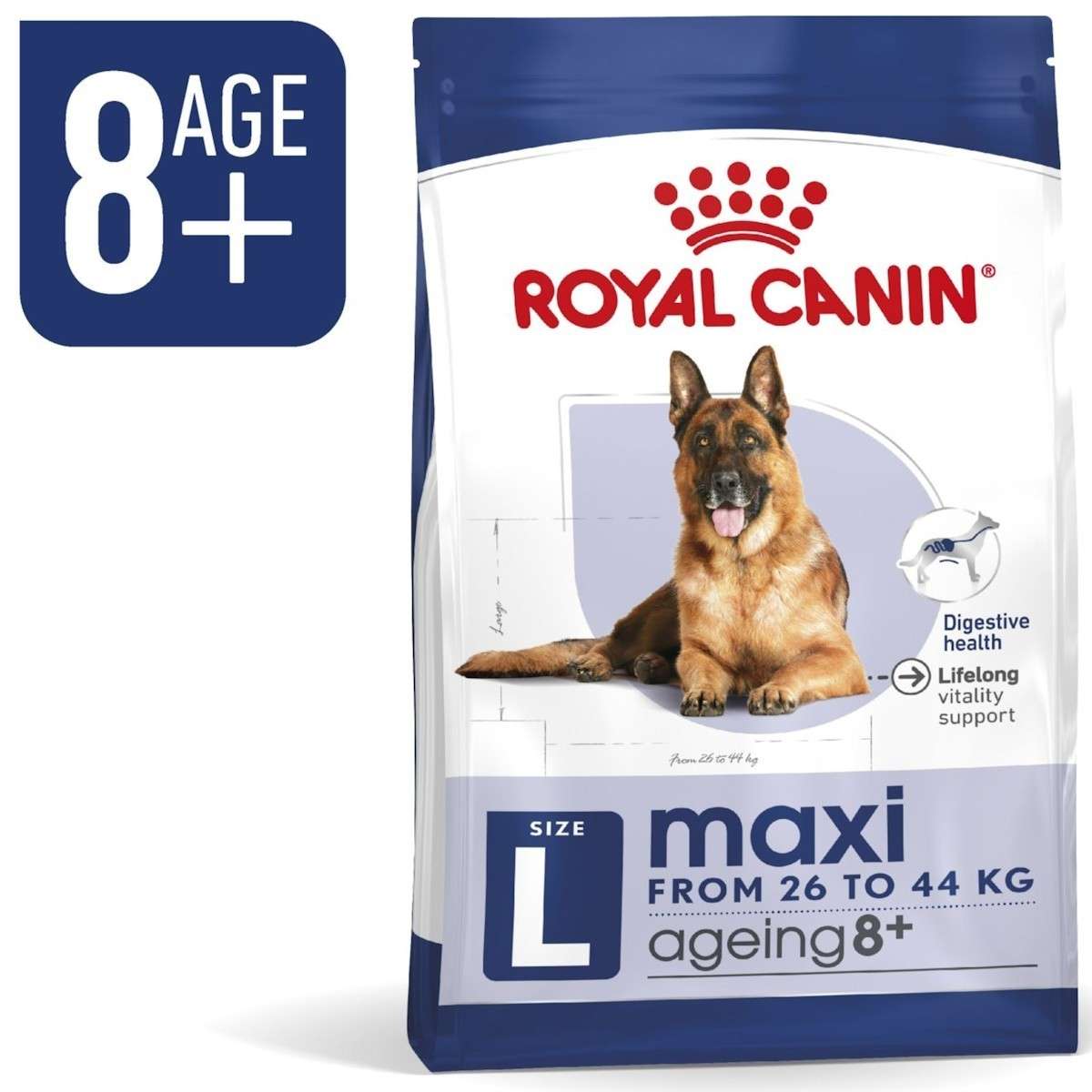 Royal Canin dog food package for dogs aged 8+ with a German Shepherd on the label.