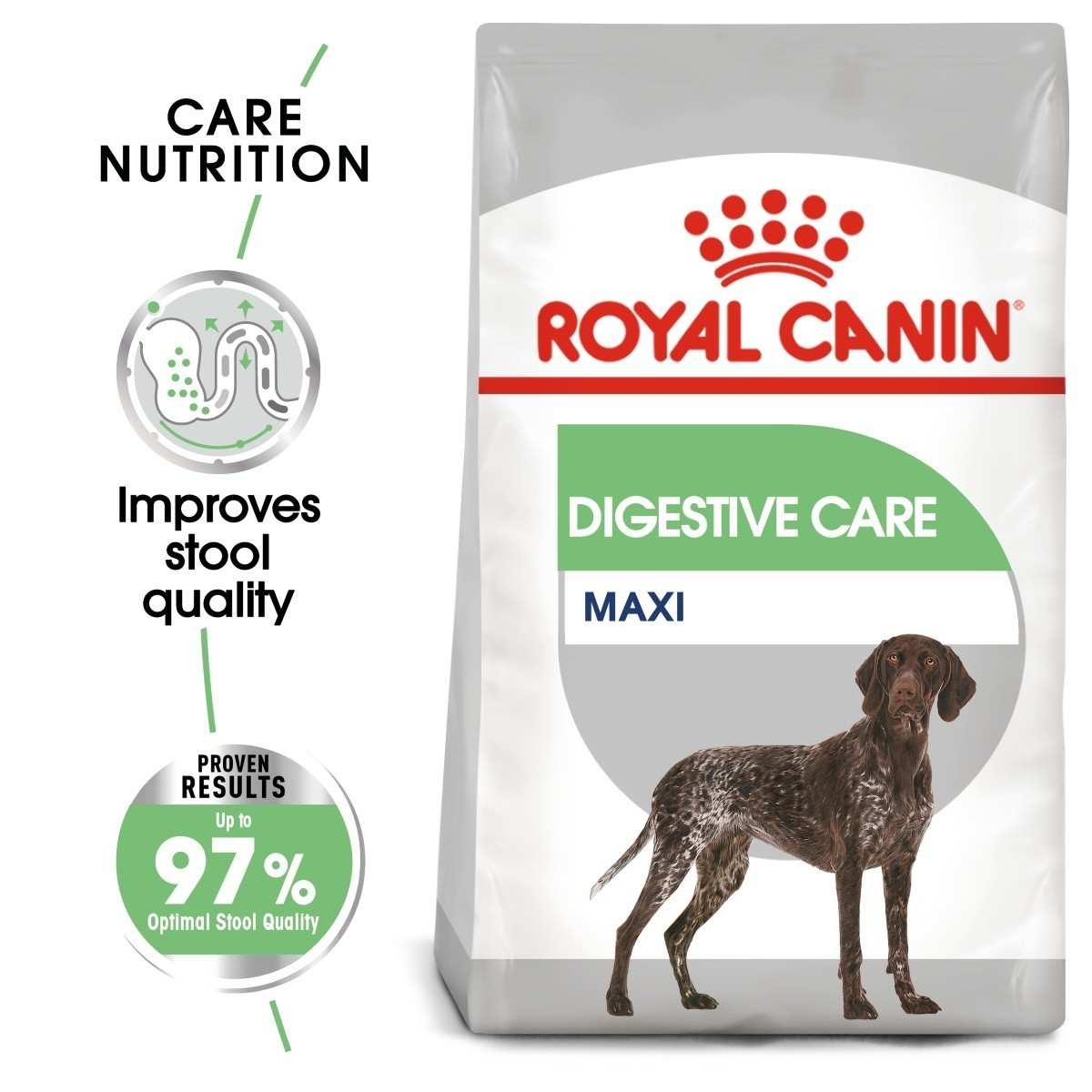 Royal Canin Maxi Digestive Care dog food bag with branding and product features.