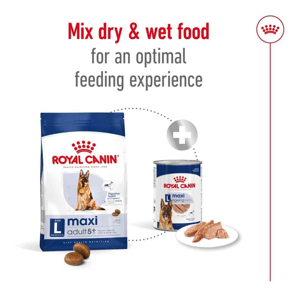 Royal Canin dog food packaging with text on an optimal feeding experience.
