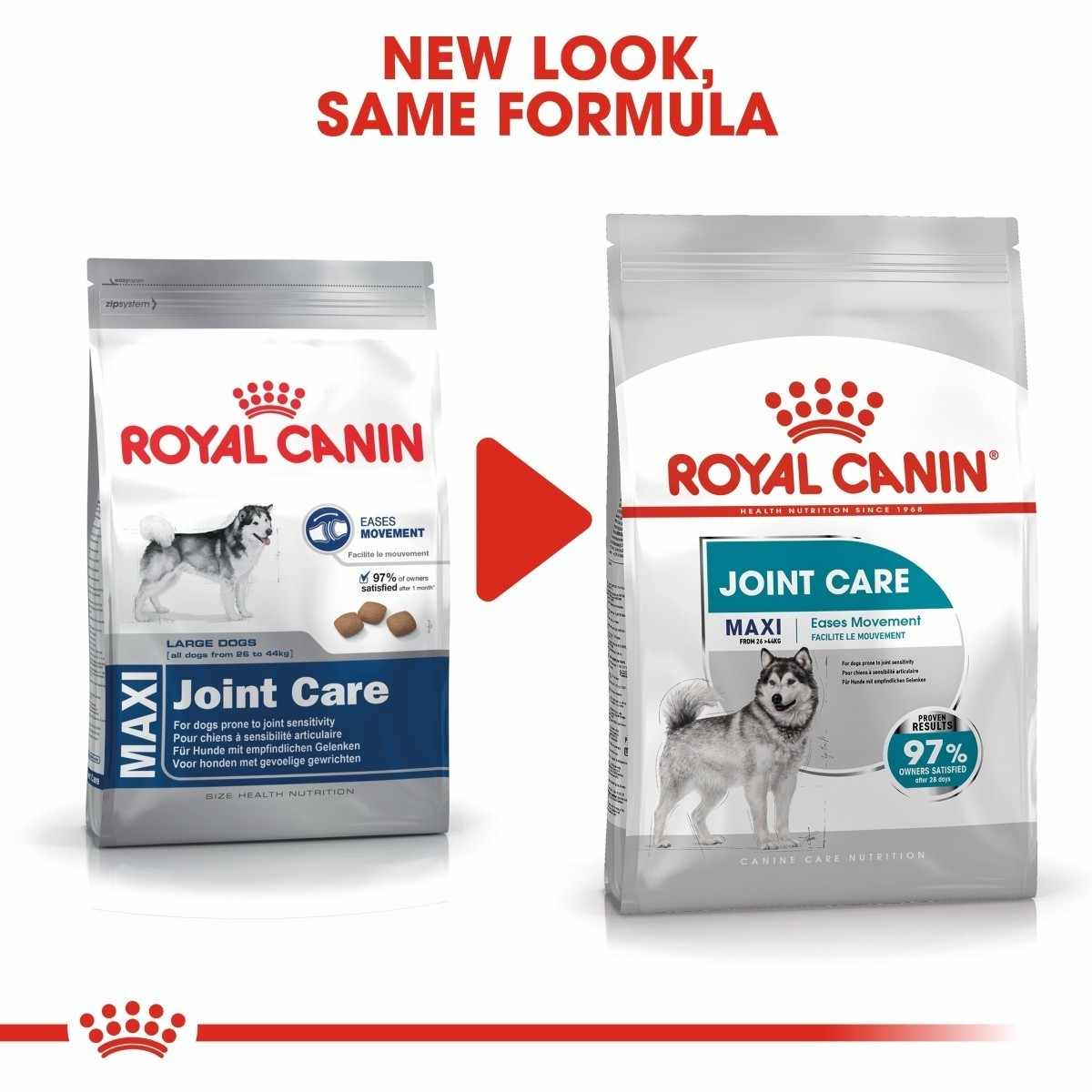Two packages of Royal Canin Maxi Joint Care dog food with a red arrow between them.