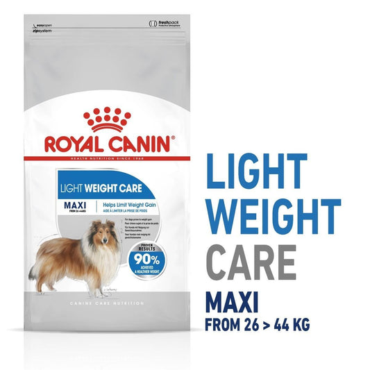 Royal Canin Light Weight Care Maxi dog food packaging on a white background