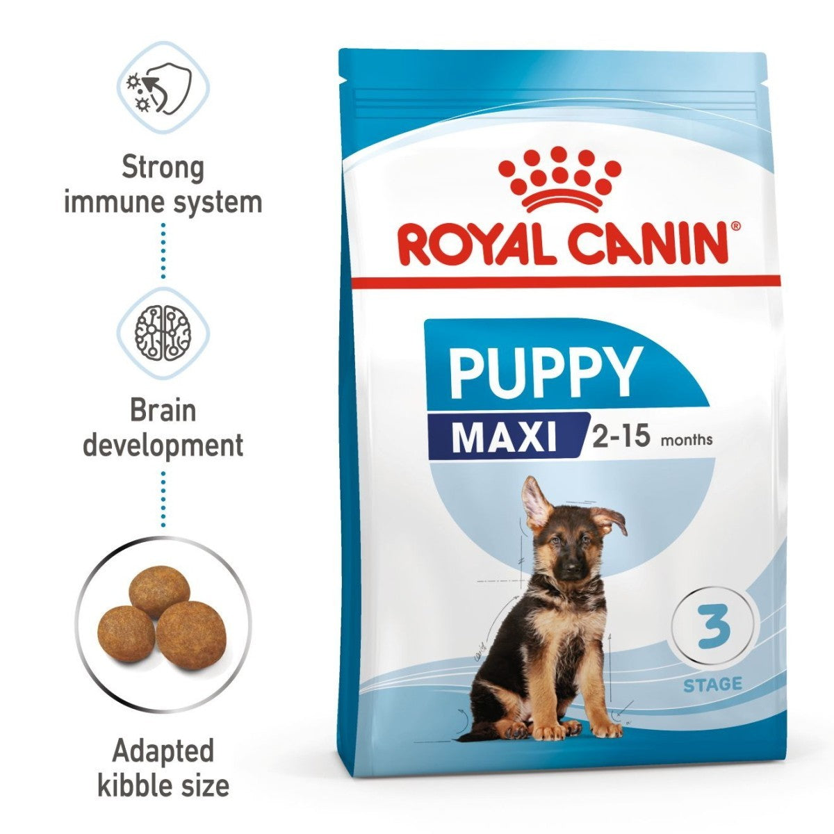 Royal Canin Puppy Maxi dog food package with key benefits on a white background