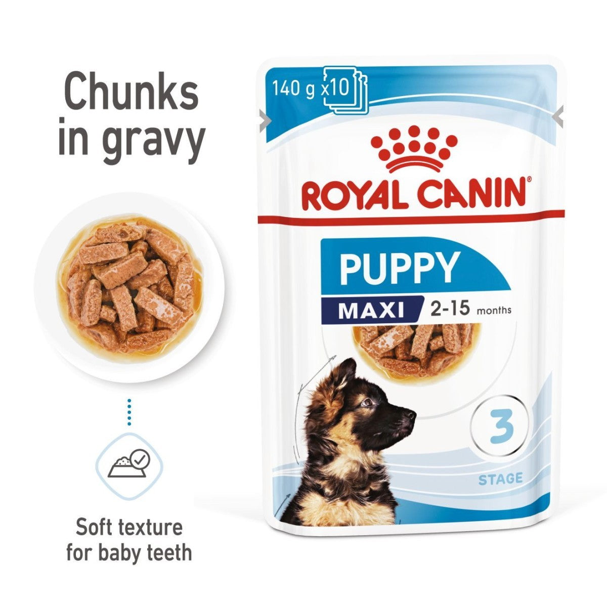 Royal Canin Puppy Maxi food package with text and images on a white background