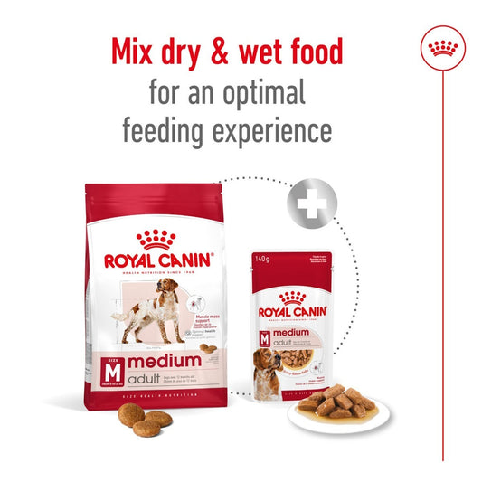Two Royal Canin dog food packages with text on a white background