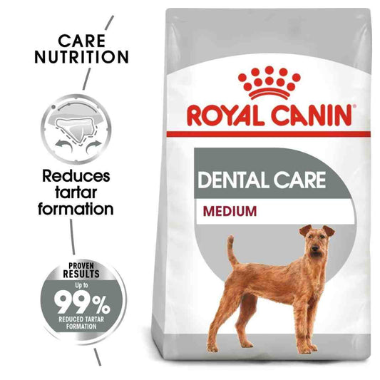 Royal Canin Dental Care Medium dog food packaging with text highlighting benefits