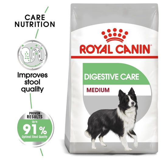 Royal Canin Digestive Care Medium dog food bag with a dog illustration and text on a white background