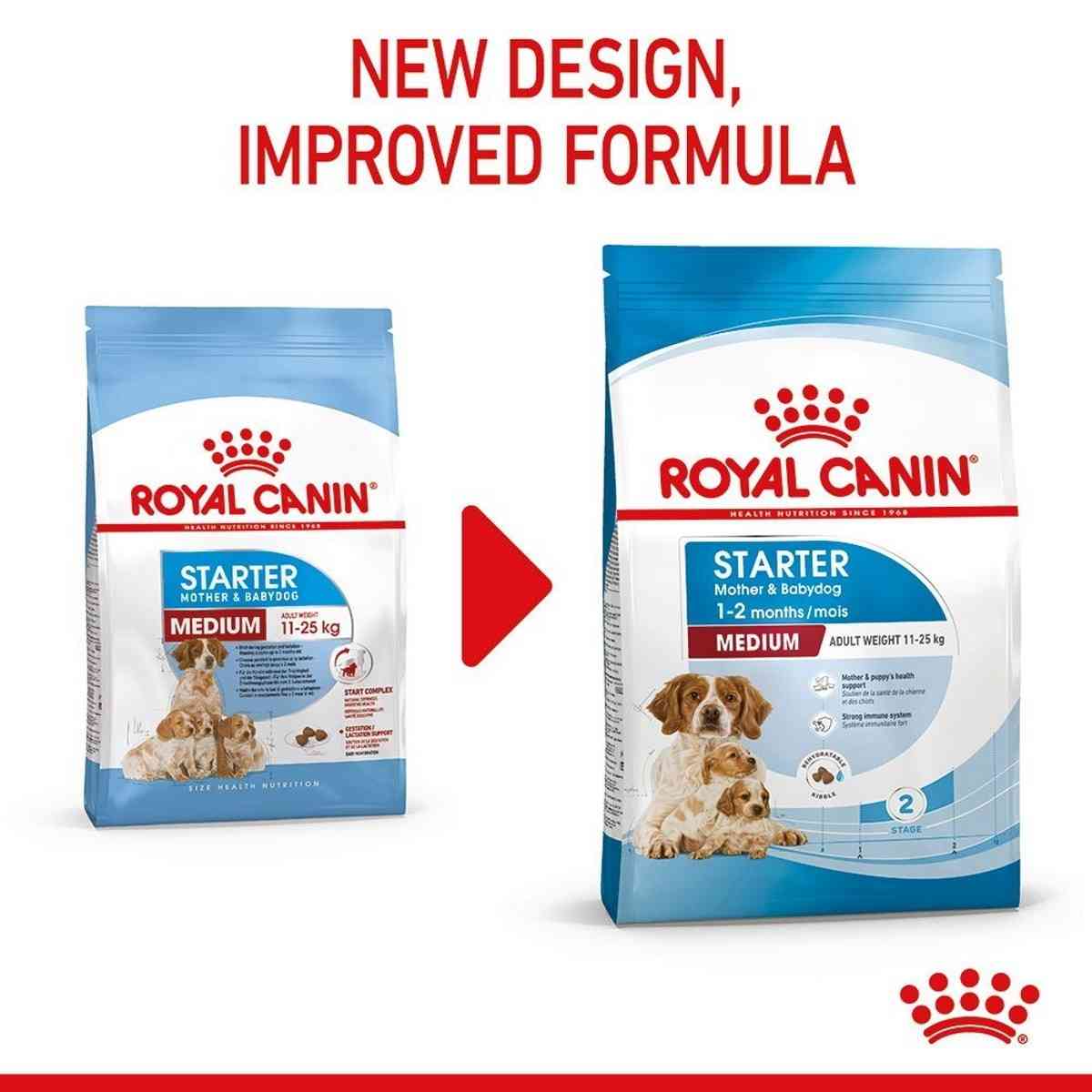 Two packages of Royal Canin Starter Medium dog food with a red arrow and text indicating new design and improved formula.