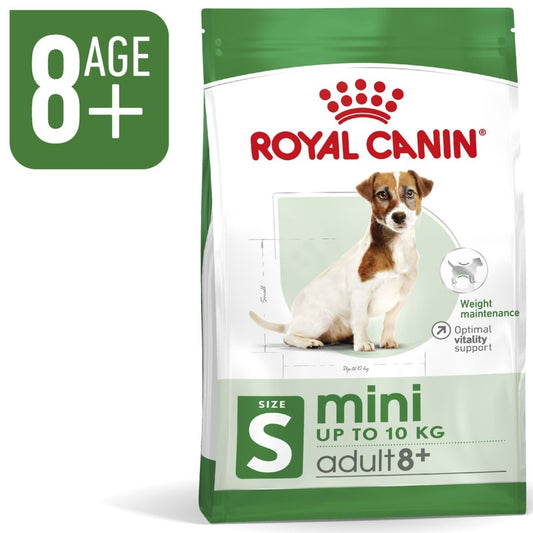 Royal Canin mini adult 8+ dog food packaging on a white background