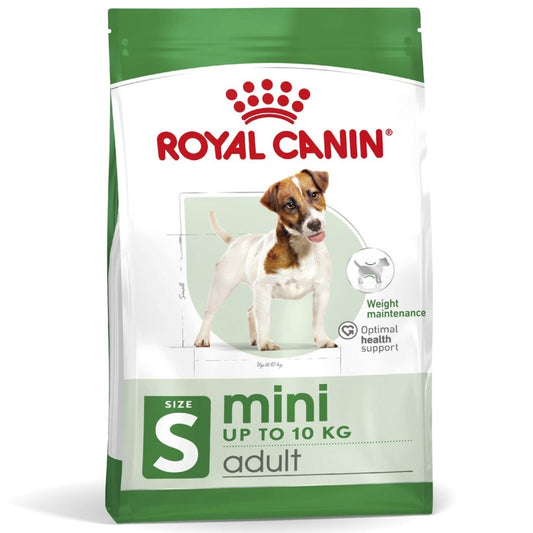 Royal Canin mini adult dog food packaging on a white background