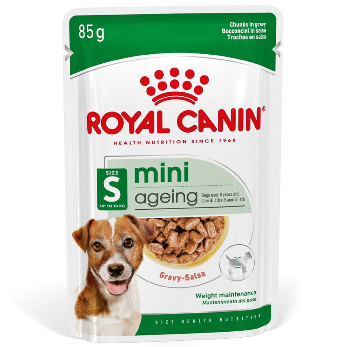 Royal Canin mini ageing dog food packet on a white background