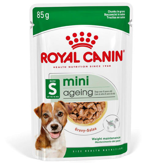 Royal Canin mini ageing dog food packet on a white background