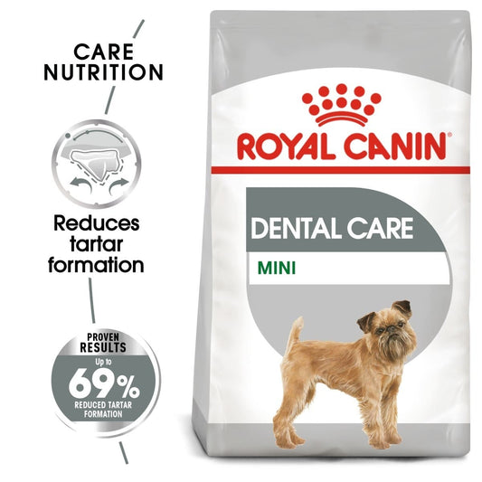 Royal Canin Mini Dental Care dog food packaging with text highlighting benefits