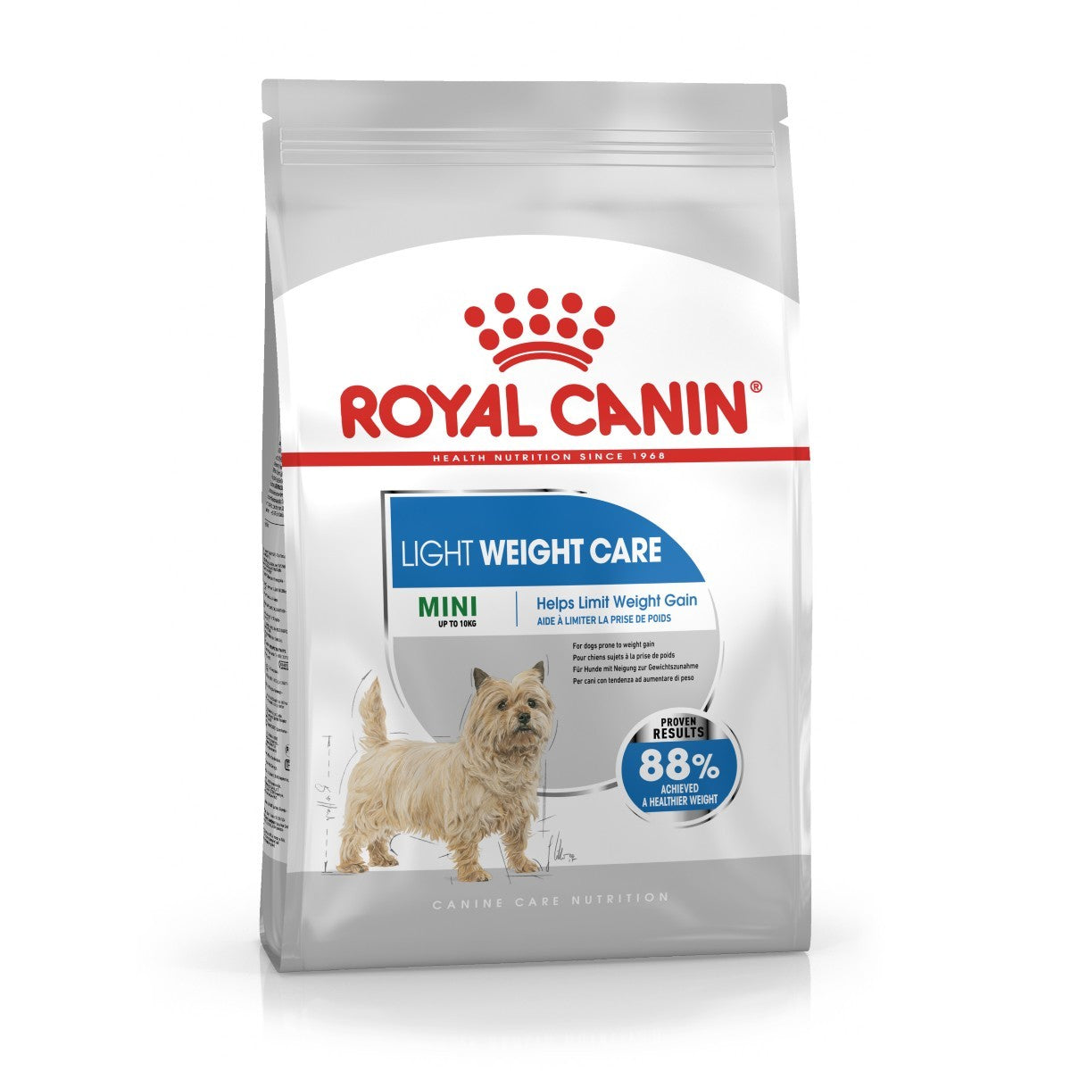 Royal Canin Light Weight Care Mini dog food packaging on a white background