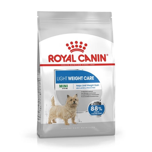 Royal Canin Light Weight Care Mini dog food packaging on a white background