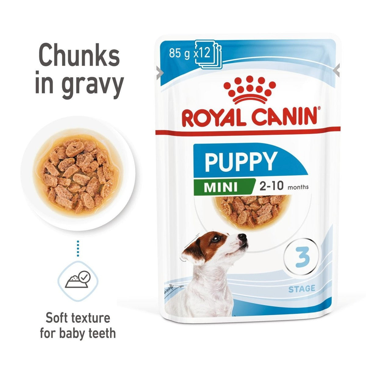 Royal Canin Puppy Mini wet dog food package with text and a bowl of food.