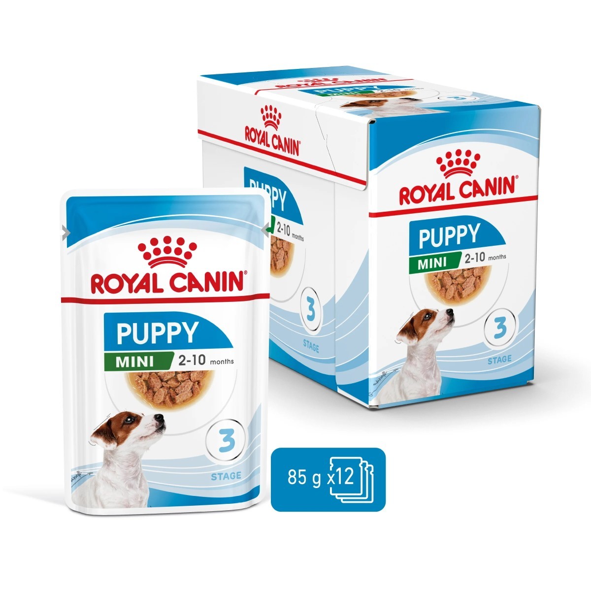 Royal Canin Puppy Mini dog food packaging on a white background