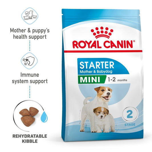 Royal Canin Starter Mother & Babydog Mini dog food package on a white background