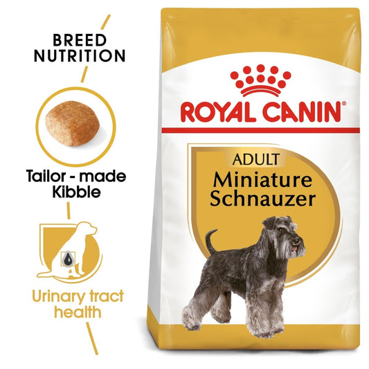 Royal Canin Adult Miniature Schnauzer dog food packaging with features highlighted.