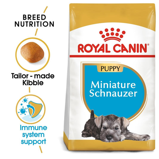 Royal Canin Puppy Miniature Schnauzer dog food bag with text highlighting features