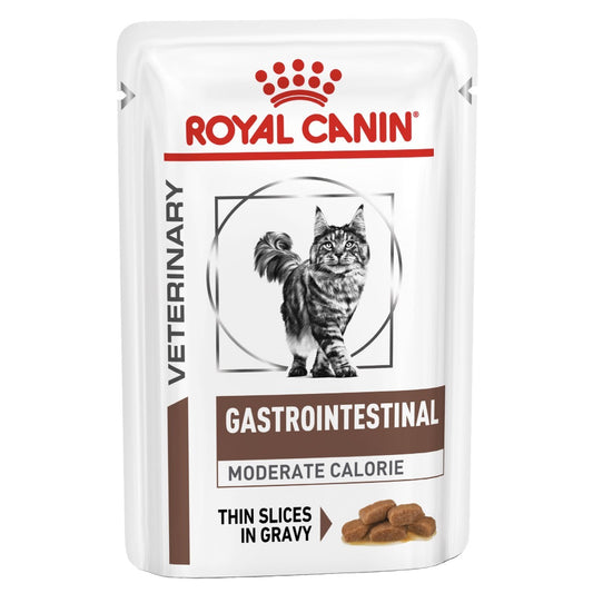 Royal Canin Veterinary Gastrointestinal Moderate Calorie cat food pouch on a white background