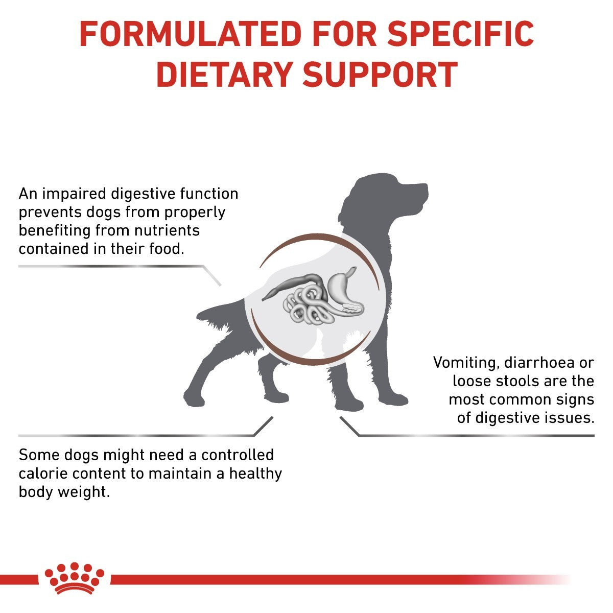 Dog food label with text about dietary support for dogs with digestive issues, featuring a silhouette of a dog and a bowl.