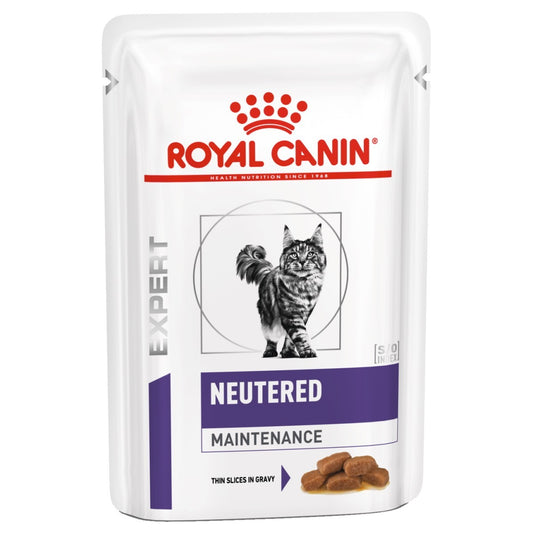 Royal Canin cat food package for neutered maintenance on a white background