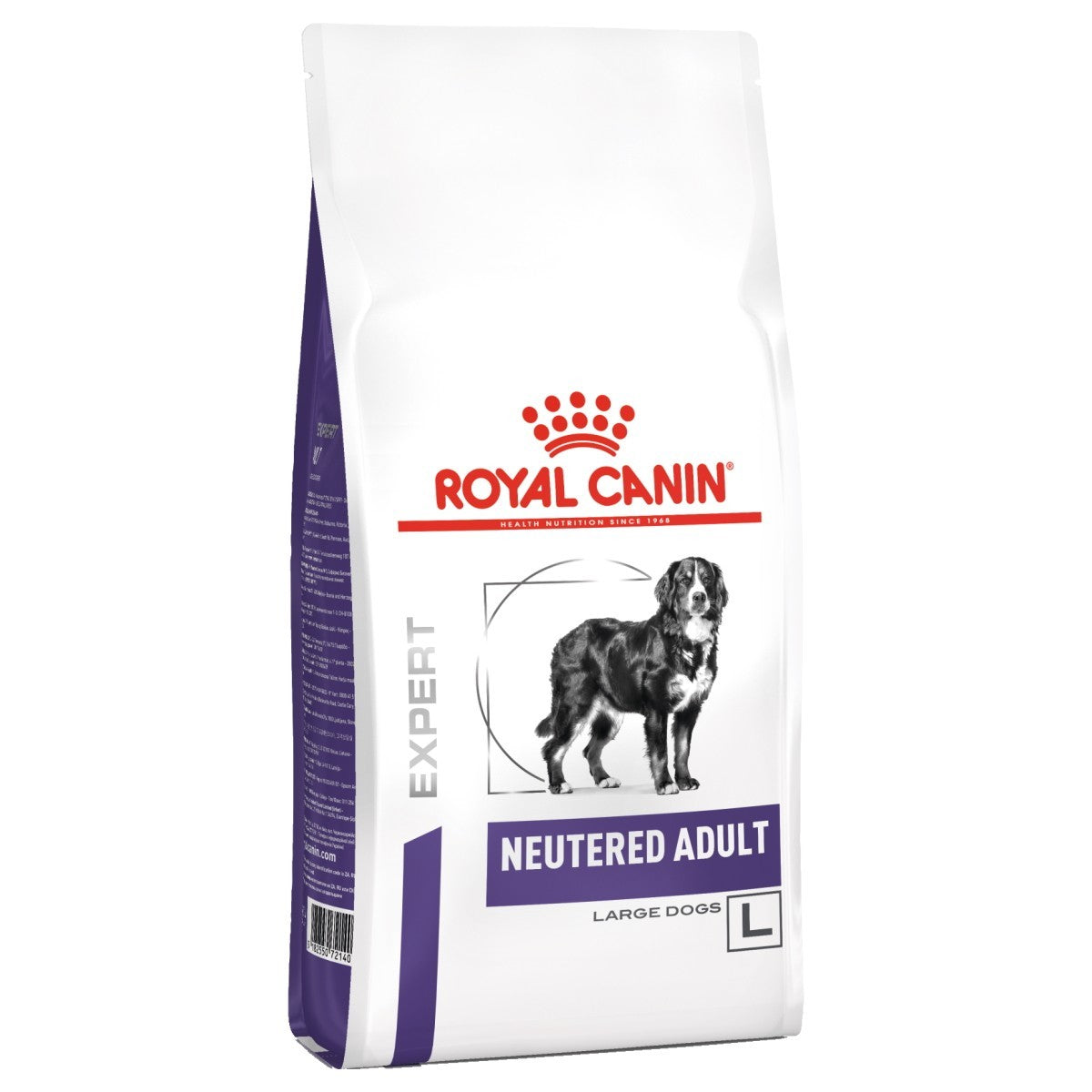 Royal Canin dog food package for neutered adult large dogs on a white background