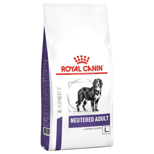 Royal Canin dog food package for neutered adult large dogs on a white background