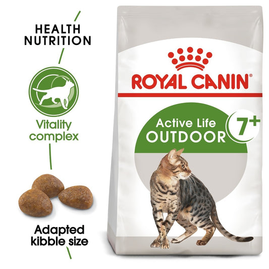 Royal Canin Active Life Outdoor 7+ cat food package with a cat illustration and text on health and nutrition.