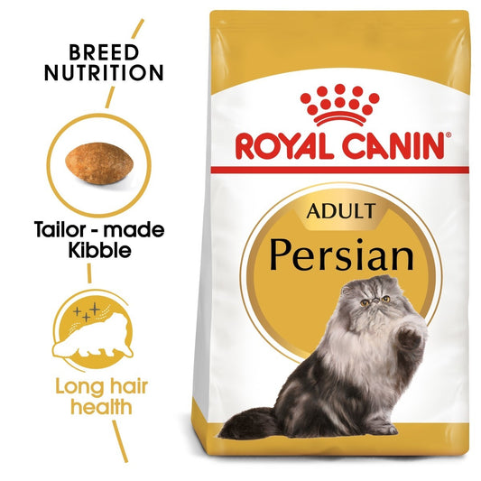 Royal Canin Persian cat food package with text highlighting features