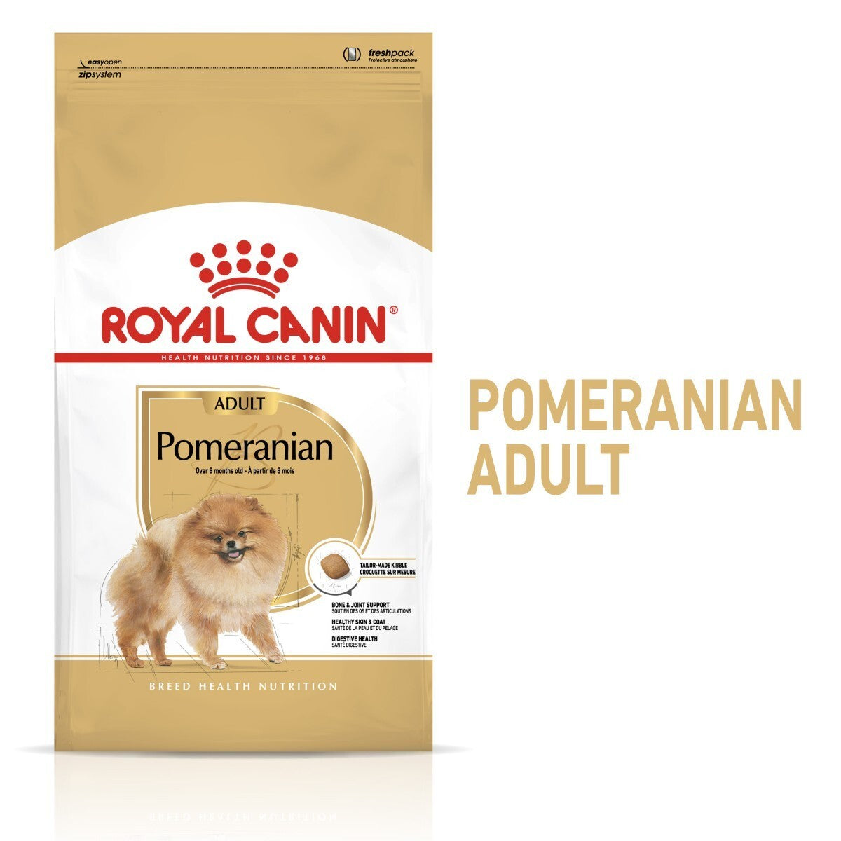 Royal Canin Pomeranian adult dog food packaging on a white background