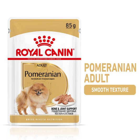 Royal Canin Pomeranian adult dog food package on a white background