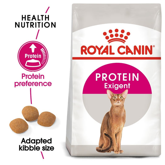 Royal Canin Protein Exigent cat food bag with text highlighting features on a white background