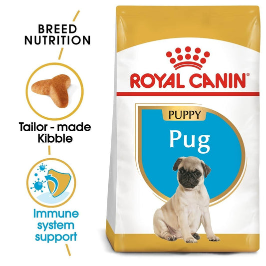 Royal Canin Pug puppy food bag with key features highlighted