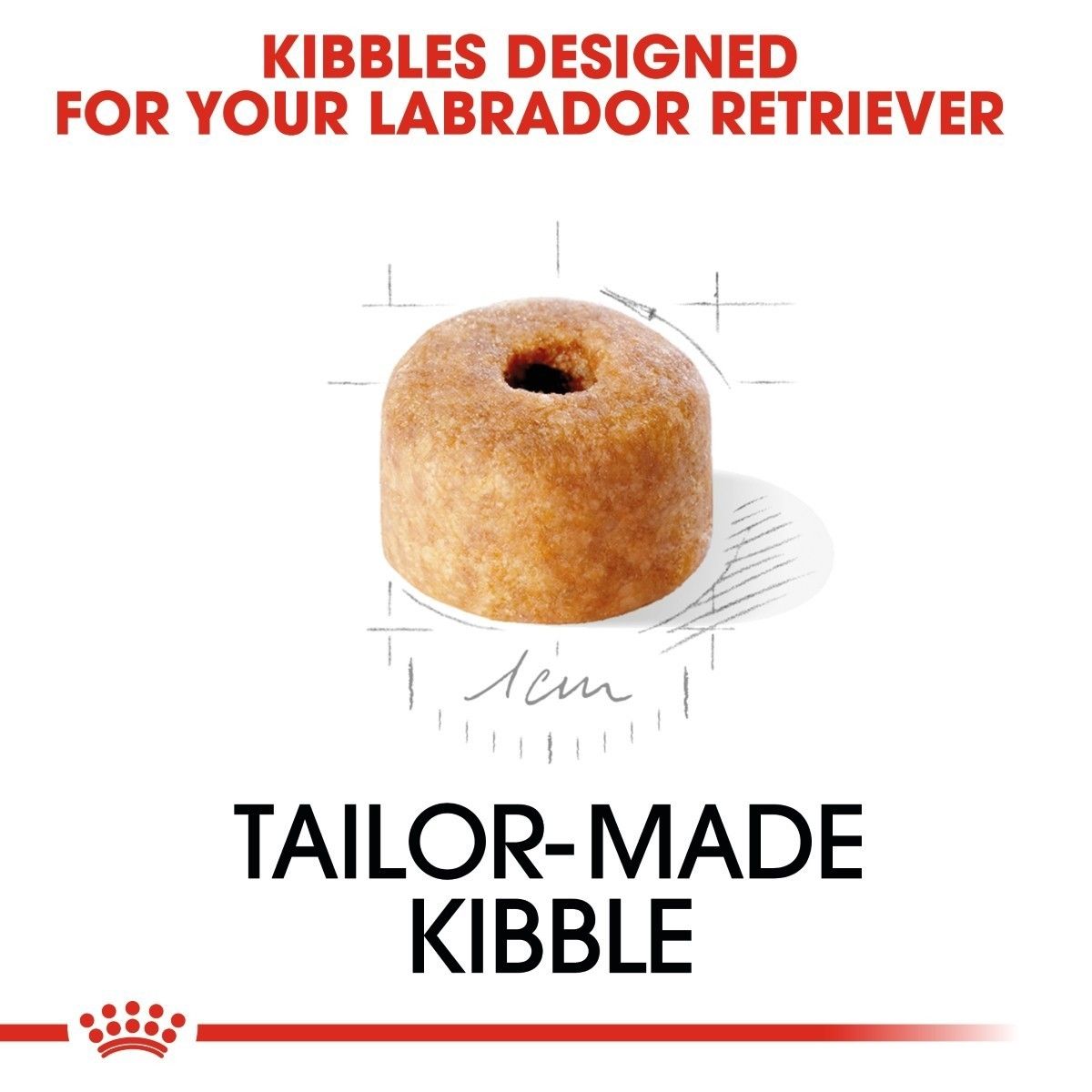 Tailor-made kibble for Labrador Retrievers with a measurement label on a white background