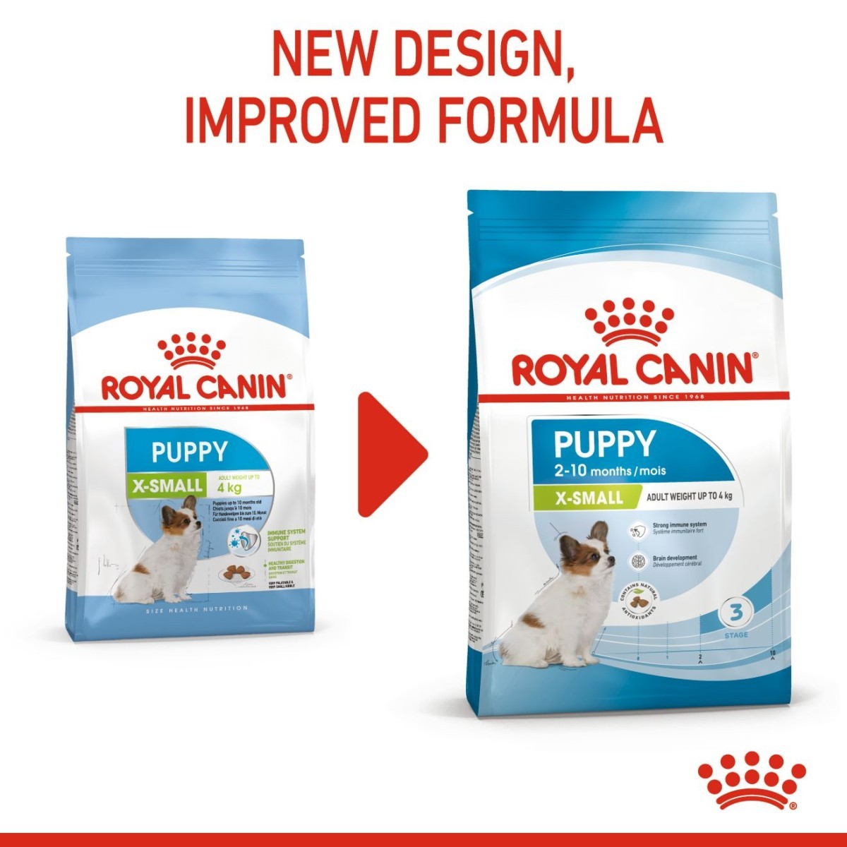 Two packages of Royal Canin Puppy X-Small dog food with a red arrow and text indicating a new design and improved formula.